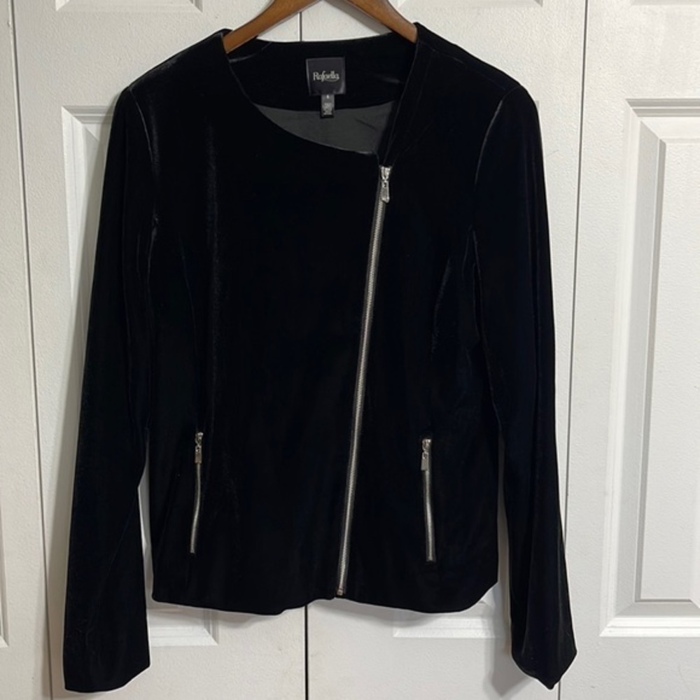 Rafaella‎ Black Velvet Asymmetrical Zip Moto Jacket Women's Size 4
